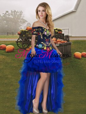 Fantastic Royal Blue A-line Tulle Off The Shoulder Sleeveless Embroidery and Ruffles High Low Lace Up Prom Dress