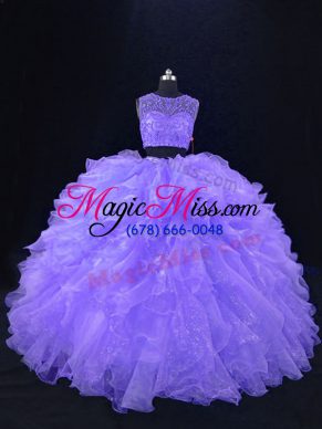 Suitable Lavender Organza Zipper Sweet 16 Dresses Sleeveless Floor Length Beading and Ruffles
