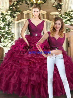 Designer Organza V-neck Sleeveless Backless Beading and Ruffles Quince Ball Gowns in Burgundy