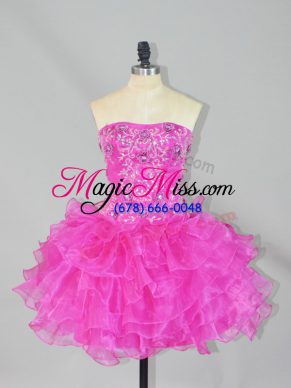 Modern Fuchsia Lace Up Prom Party Dress Beading and Ruffles Sleeveless Mini Length