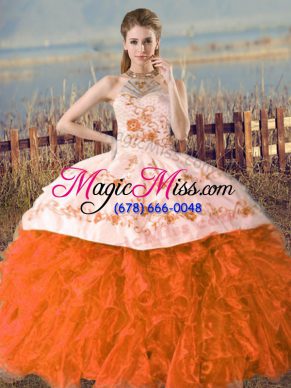 Orange and Rust Red Ball Gowns Embroidery Quinceanera Gown Lace Up Organza Sleeveless