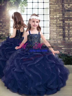 Inexpensive Navy Blue Ball Gowns Straps Sleeveless Tulle Floor Length Lace Up Beading and Ruffles Child Pageant Dress