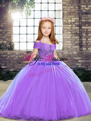 Exquisite Lavender Straps Neckline Beading Pageant Gowns For Girls Sleeveless Lace Up