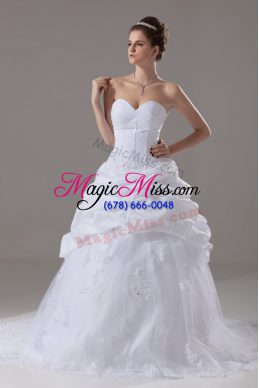 Lace Up Wedding Gowns White for Wedding Party with Beading and Lace and Pick Ups Brush Train