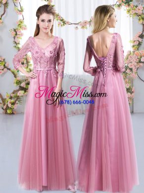 Exquisite 3 4 Length Sleeve Tulle Floor Length Lace Up Wedding Party Dress in Pink with Lace and Appliques