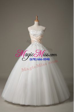 Stunning White Tulle Lace Up Wedding Gown Sleeveless Floor Length Beading and Lace