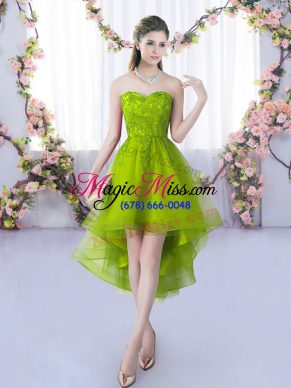 Olive Green A-line Lace Dama Dress for Quinceanera Lace Up Tulle Sleeveless High Low