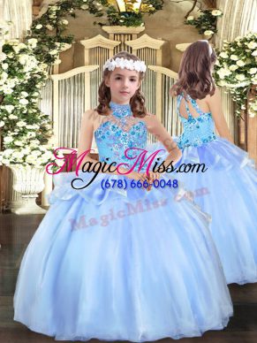 Inexpensive Blue Sleeveless Floor Length Appliques Lace Up Pageant Gowns For Girls