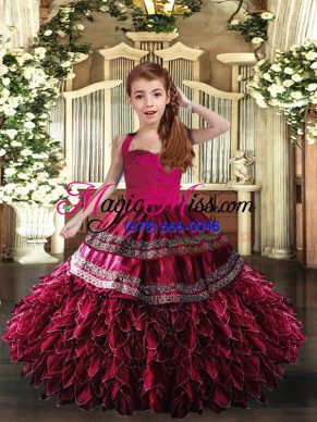 Gorgeous Hot Pink and Fuchsia Sleeveless Organza Lace Up Kids Pageant Dress for Party and Wedding Party