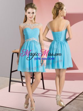 Aqua Blue Empire Chiffon Bateau Cap Sleeves Beading Mini Length Lace Up Dama Dress