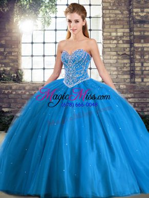 Low Price Sleeveless Beading Lace Up Sweet 16 Quinceanera Dress with Baby Blue Brush Train
