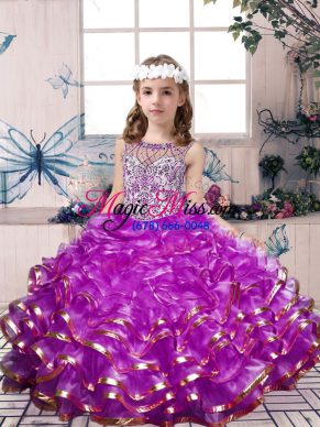 Lilac Organza Lace Up Scoop Sleeveless Floor Length Girls Pageant Dresses Beading and Ruffles