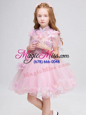 Latest Mini Length Baby Pink Toddler Flower Girl Dress High-neck Short Sleeves Zipper