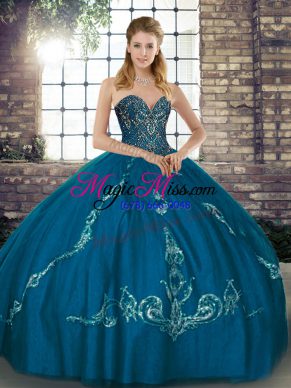 Lovely Floor Length Lace Up Quince Ball Gowns Blue for Military Ball and Sweet 16 and Quinceanera with Beading and Embroidery