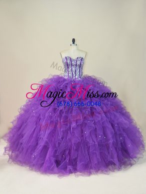 Purple Sleeveless Beading and Ruffles Floor Length Quinceanera Gowns