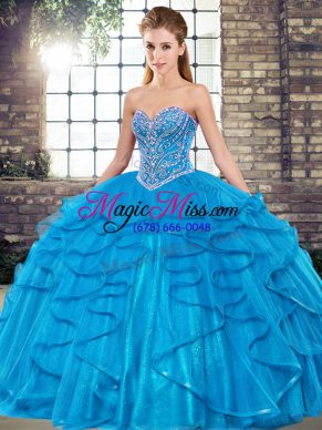 Blue Ball Gowns Sweetheart Sleeveless Tulle Floor Length Lace Up Beading and Ruffles Sweet 16 Dress