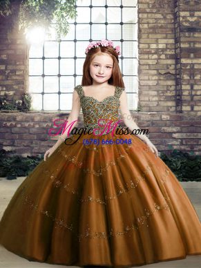 Best Brown Ball Gowns Beading Pageant Gowns For Girls Lace Up Tulle Sleeveless Floor Length
