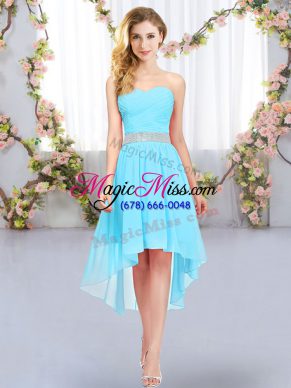 Sophisticated Aqua Blue Empire Belt Bridesmaids Dress Lace Up Chiffon Sleeveless High Low