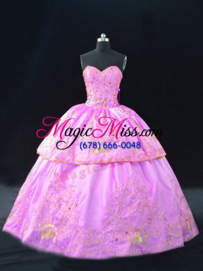 Amazing Sweetheart Sleeveless Quinceanera Dresses Floor Length Embroidery Lilac Satin