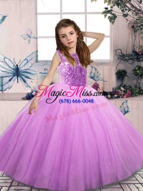 Lilac Ball Gowns Beading Evening Gowns Lace Up Tulle Sleeveless Floor Length