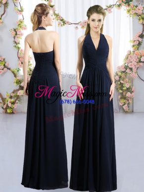 Sleeveless Floor Length Ruching Lace Up Bridesmaids Dress with Navy Blue