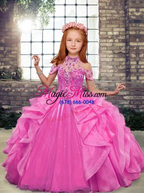 On Sale Beading and Ruffles Child Pageant Dress Rose Pink Lace Up Sleeveless Floor Length