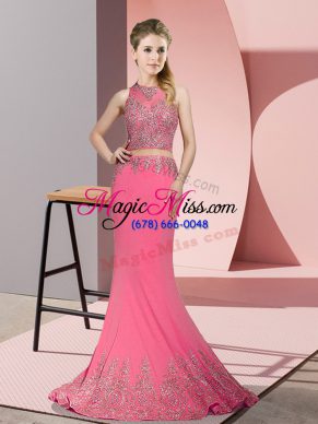 Rose Pink Zipper Prom Evening Gown Beading and Appliques Sleeveless Sweep Train