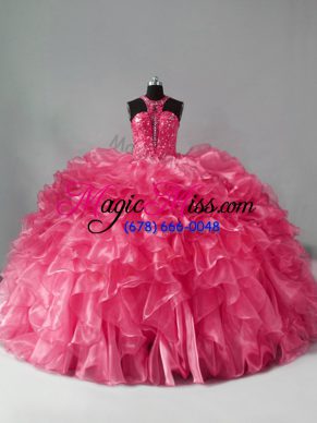 Hot Pink Ball Gowns Organza Halter Top Sleeveless Beading and Ruffles Zipper Quinceanera Dresses