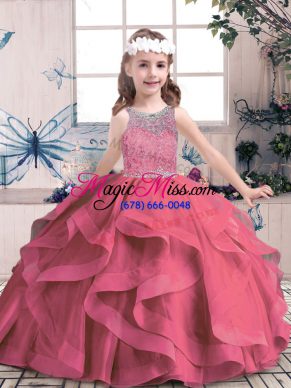 Custom Design Scoop Sleeveless Tulle Little Girl Pageant Gowns Beading and Ruffles Lace Up