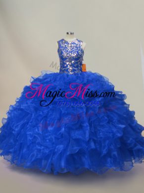 Great Floor Length Lace Up Sweet 16 Dress Royal Blue for Sweet 16 and Quinceanera with Ruffles and Sequins