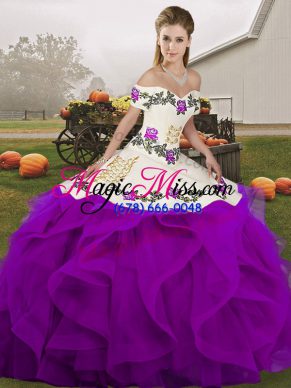 High End White And Purple Sleeveless Embroidery and Ruffles Floor Length 15th Birthday Dress