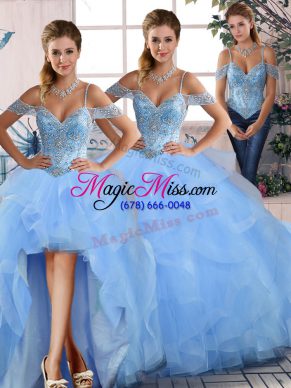 Blue Sweet 16 Dress Sweet 16 and Quinceanera with Beading and Ruffles Off The Shoulder Sleeveless Lace Up