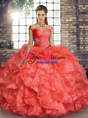 Coral Red Sleeveless Floor Length Beading and Ruffles Lace Up Ball Gown Prom Dress