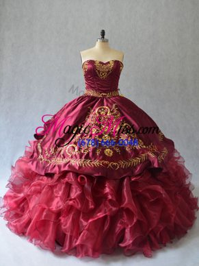 Burgundy Vestidos de Quinceanera Sweet 16 and Quinceanera with Beading and Embroidery Strapless Sleeveless Brush Train Lace Up