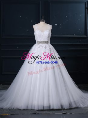 Sleeveless Beading and Lace Zipper Wedding Gown with White Brush Train