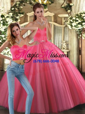 Coral Red Ball Gowns Tulle Sweetheart Sleeveless Beading Floor Length Lace Up Quince Ball Gowns