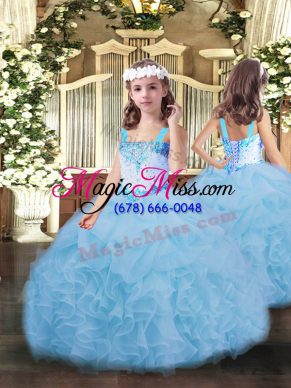 Floor Length Blue Kids Pageant Dress Straps Sleeveless Lace Up
