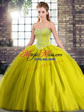 Olive Green Sleeveless Tulle Brush Train Lace Up Sweet 16 Dress for Military Ball and Sweet 16 and Quinceanera