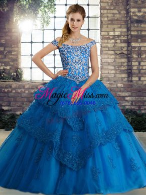 Off The Shoulder Sleeveless Brush Train Lace Up 15 Quinceanera Dress Blue Tulle