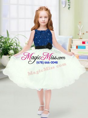 Custom Design A-line Flower Girl Dresses for Less Blue And White Scoop Organza Sleeveless Knee Length Zipper