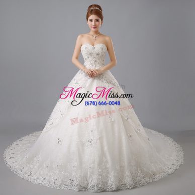 Sweetheart Sleeveless Tulle Wedding Dress Beading and Lace Chapel Train Lace Up