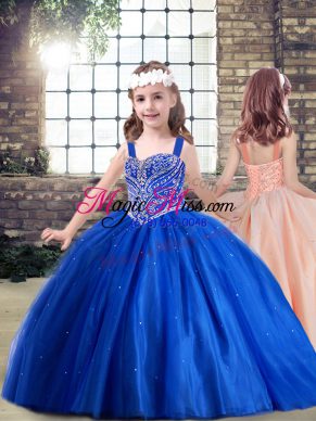 Admirable Royal Blue Lace Up Straps Beading Pageant Gowns Tulle Sleeveless