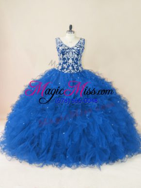 Chic V-neck Sleeveless Tulle 15 Quinceanera Dress Beading and Ruffles Backless