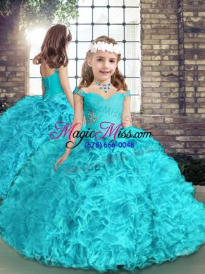 Customized Straps Sleeveless High School Pageant Dress Floor Length Beading Aqua Blue Organza