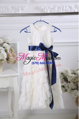 Custom Made Scoop Sleeveless Flower Girl Dresses for Less Floor Length Ruffles and Belt White Chiffon