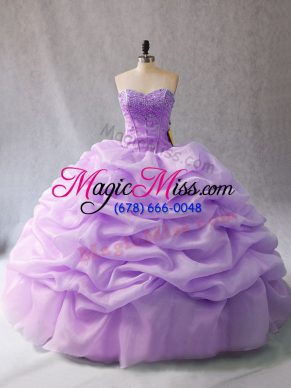 Romantic Sweetheart Sleeveless Quinceanera Dresses Floor Length Beading and Pick Ups Lavender Organza