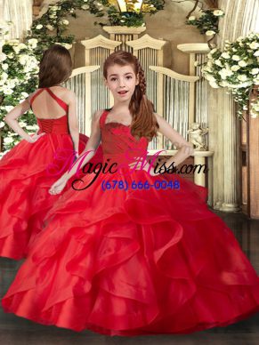 Beautiful Red Lace Up Pageant Dress Toddler Ruffles and Ruching Sleeveless Floor Length