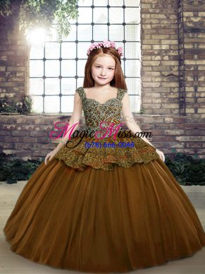 Brown Pageant Gowns For Girls Party and Military Ball and Wedding Party with Beading and Appliques Straps Sleeveless Lace Up