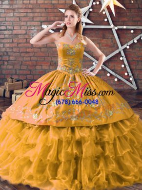 Exquisite Gold Organza Lace Up Sweetheart Sleeveless Floor Length Quinceanera Gowns Embroidery and Ruffled Layers
