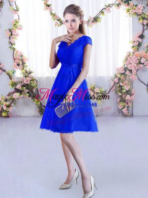 Popular V-neck Cap Sleeves Lace Up Quinceanera Dama Dress Royal Blue Lace
